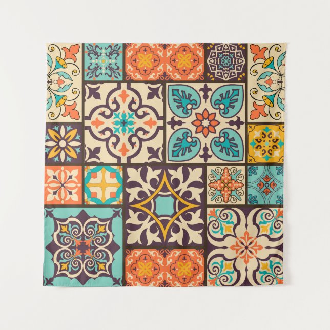 Colorful Patchwork Islam Motifs Tile Tapestry (Front)