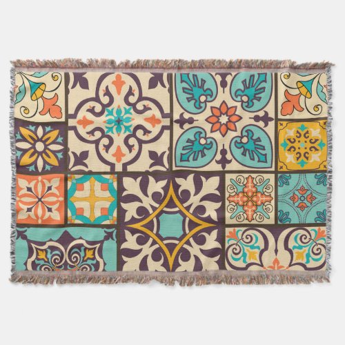 Colorful Patchwork Islam Motifs Tile Throw Blanket