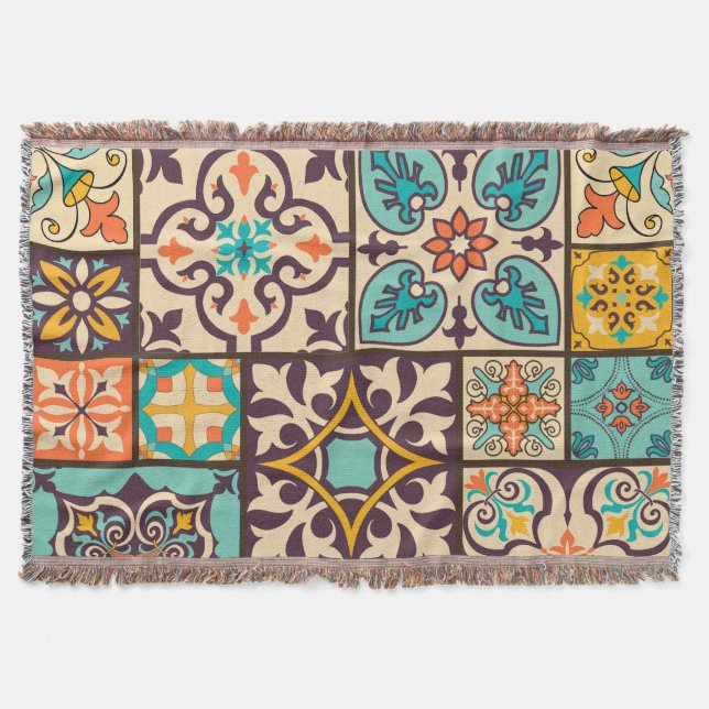 Colorful Patchwork Islam Motifs Tile Throw Blanket (Front)