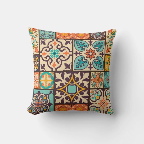 Colorful Patchwork Islam Motifs Tile Throw Pillow