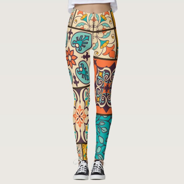 Colorful Patchwork Islamic Majolica Tile Leggings (Front)