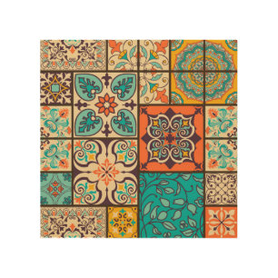 Colorful Patchwork Islamic Majolica Tile Wood Wall Art