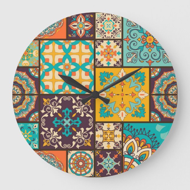 Colorful Patchwork Islamic Tile Seamless Large Clock (Front)