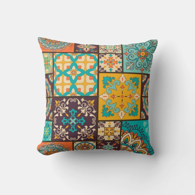 Colorful Patchwork Islamic Tile Seamless Throw Pillow (Front)