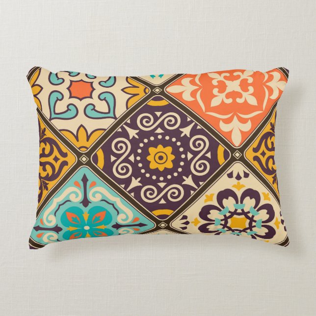 Colorful Patchwork: Majolica Tile Design Accent Pillow (Front)