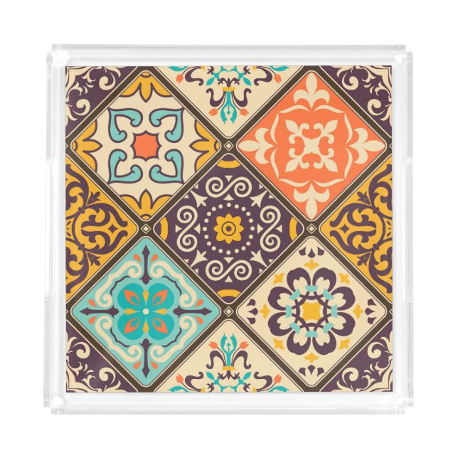 Colorful Patchwork: Majolica Tile Design Acrylic Tray (Front)