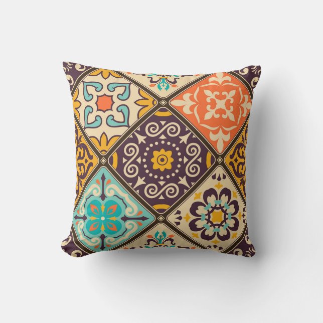 Colorful Patchwork: Majolica Tile Design Throw Pillow (Front)
