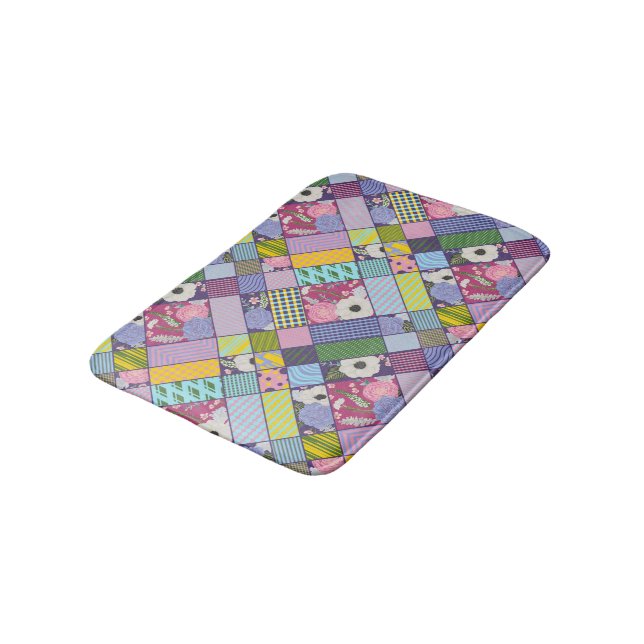 Colorful Patchwork Pattern Geometric Flowers Dots  Bath Mat (Angled)