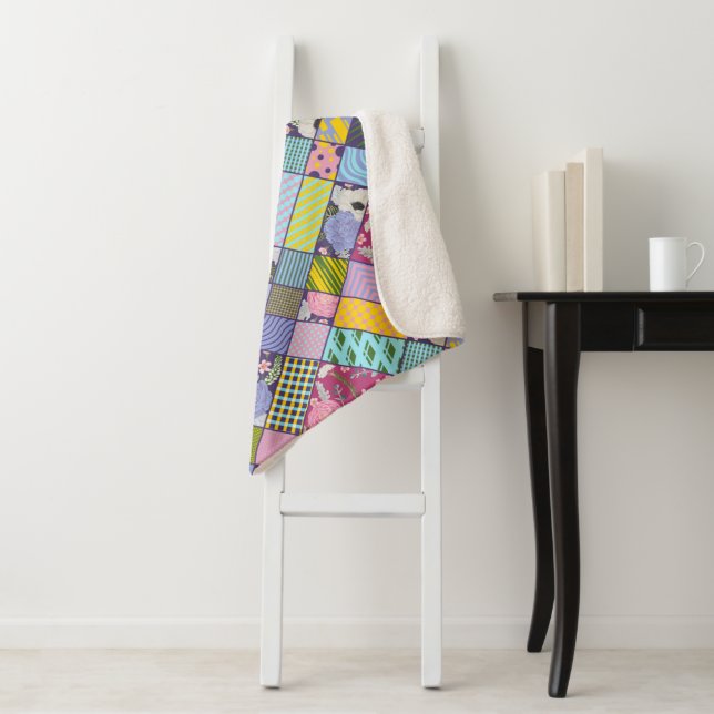 Colorful Patchwork Pattern Geometric Flowers Dots  Sherpa Blanket (In Situ)