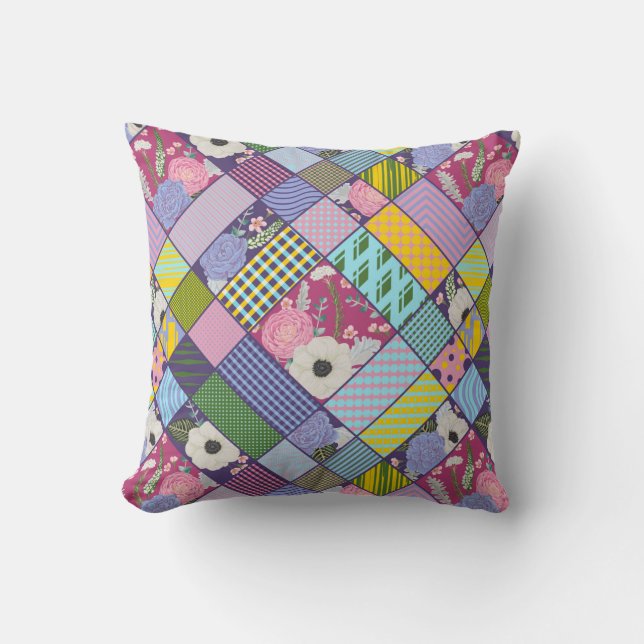 Colorful Patchwork Pattern Geometric Flowers Dots  Throw Pillow (Front)