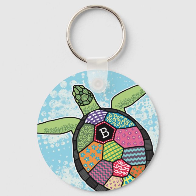 Colorful Patchwork Pattern Monogram Sea Turtle Keychain (Front)