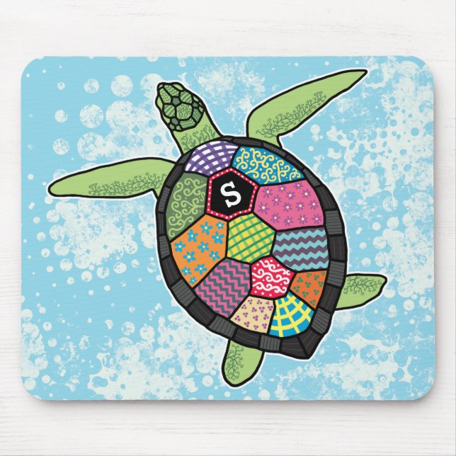 Colorful Patchwork Pattern Monogram Sea Turtle Mouse Pad (Front)