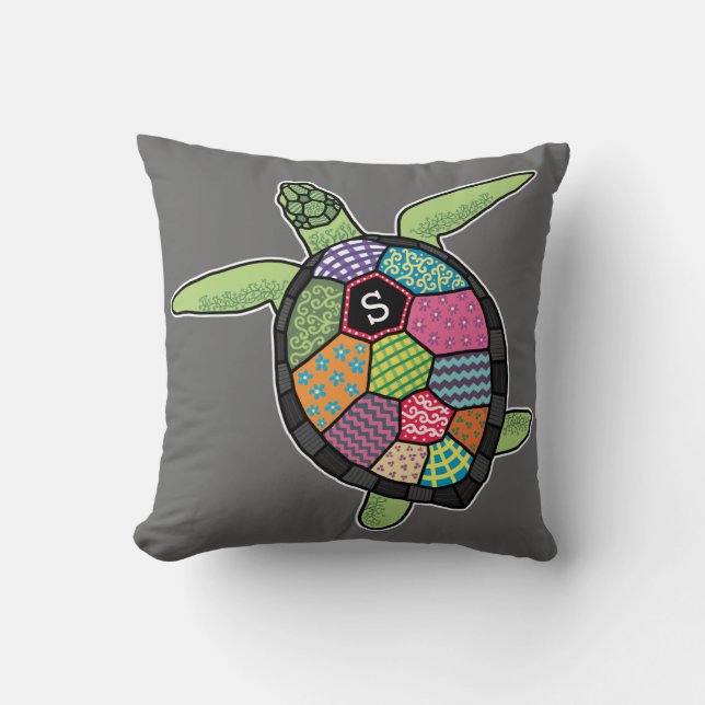 Colorful Patchwork Pattern Monogram Sea Turtle Throw Pillow (Front)