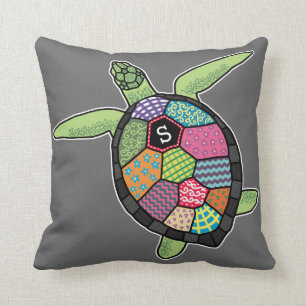 Colorful Patchwork Pattern Monogram Sea Turtle Throw Pillow