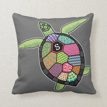 Colorful Patchwork Pattern Monogram Sea Turtle Throw Pillow by DuchessOfWeedlawn at Zazzle