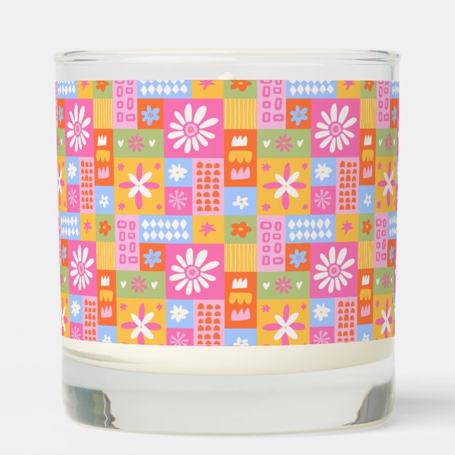 Colorful Patchwork Pattern,  Quilted Vibrant Scented Candle (Front)