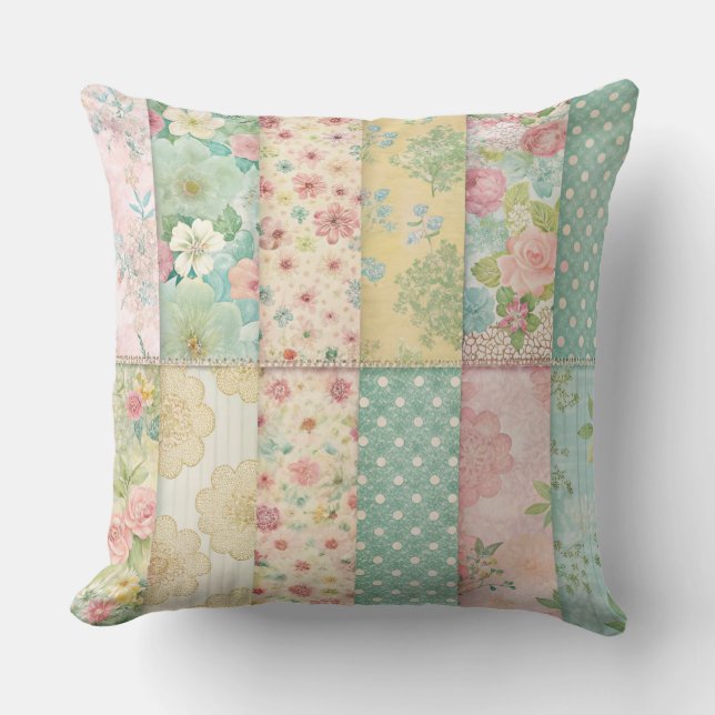 COLORFUL PATCHWORK PATTERNS WITH WHITE DAISIES THROW PILLOW (Front)