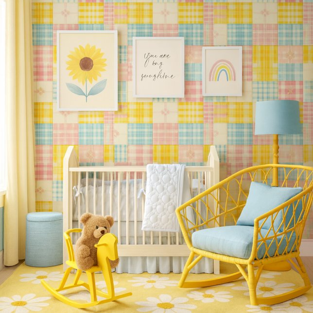 Colorful Patchwork Plaid Baby Nursery   Wallpaper ( Cheerful pastel patchwork wallpaper adds playful charm and spring color to any nursery )