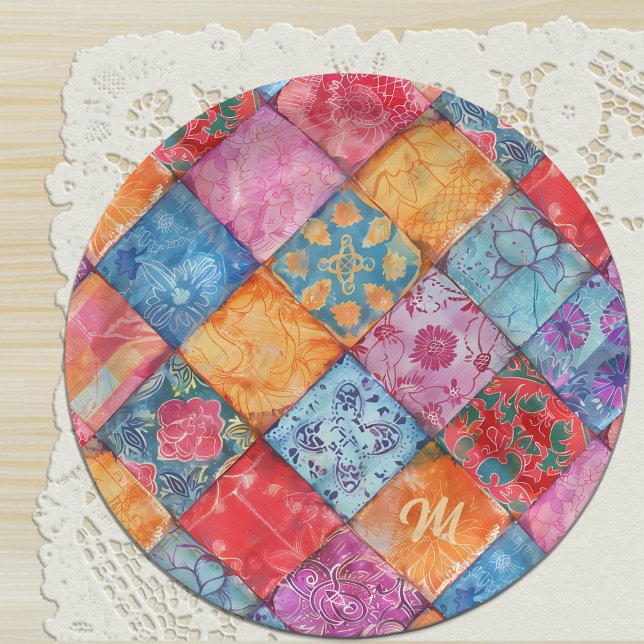 Colorful Patchwork Print Monogram Paper Plates (Creator Uploaded)