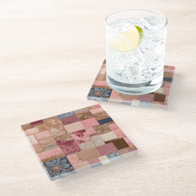 Colorful Patchwork Quilt Art Glass Coaster (Creator Uploaded)