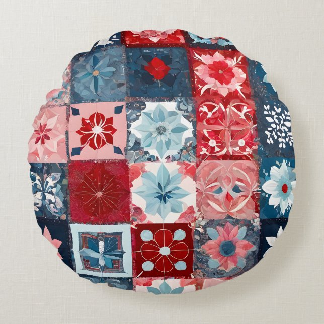 Colorful Patchwork Quilt Art Round Throw Pillow (Front)