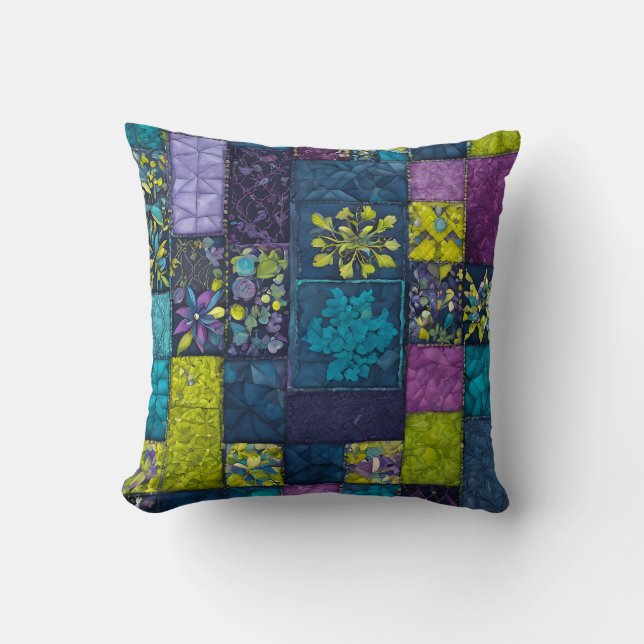 Colorful Patchwork Quilt Art Square Throw Pillow (Front)