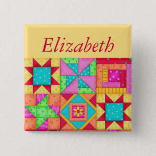 Colorful Patchwork Quilt Block Art Name Badge Button