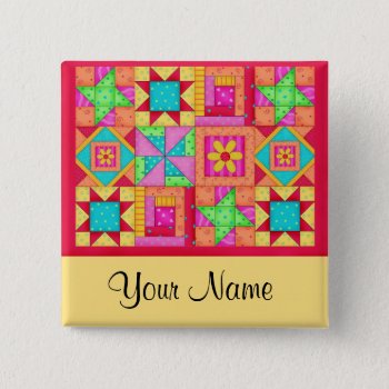 Colorful Patchwork Quilt Block Art Pins by phyllisdobbs at Zazzle