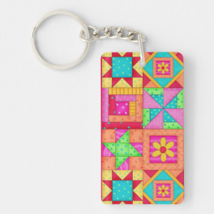 Colorful Patchwork Quilt Blocks Art Keychain