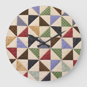 Colorful Patchwork Quilt: Flower Texture. Large Clock