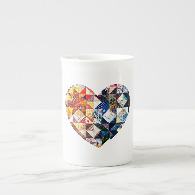 Colorful Patchwork Quilt Heart Bone China Mug (Front)