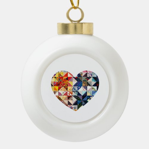 Colorful Patchwork Quilt Heart Ceramic Ball Christmas Ornament