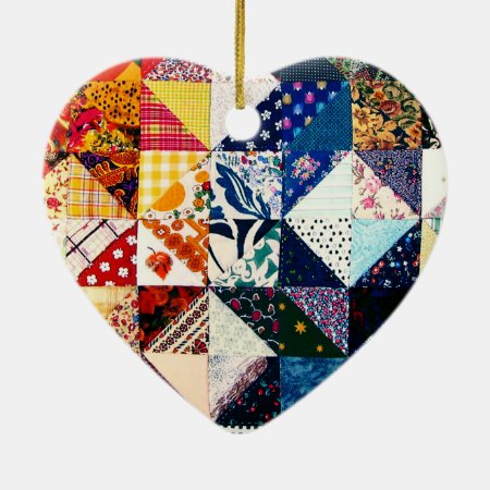 Colorful Patchwork Quilt Heart Ceramic Ornament