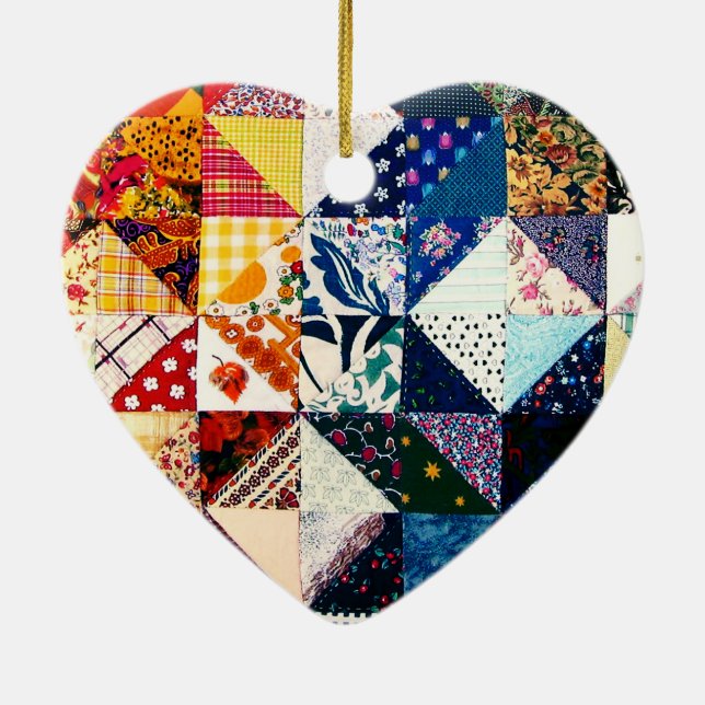 Colorful Patchwork Quilt Heart Ceramic Ornament (Back)