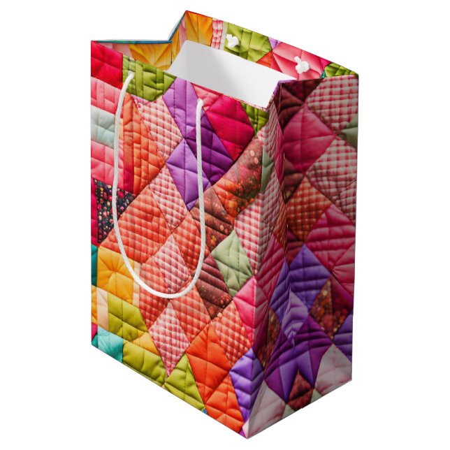 Colorful Patchwork Quilt Pattern Medium Gift Bag (Back Angled)