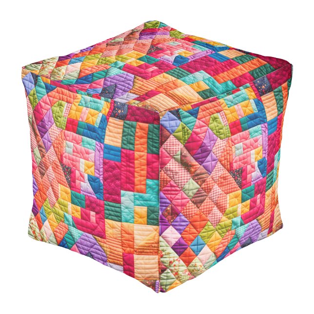 Colorful Patchwork Quilt Pattern Pouf (Angled Front)