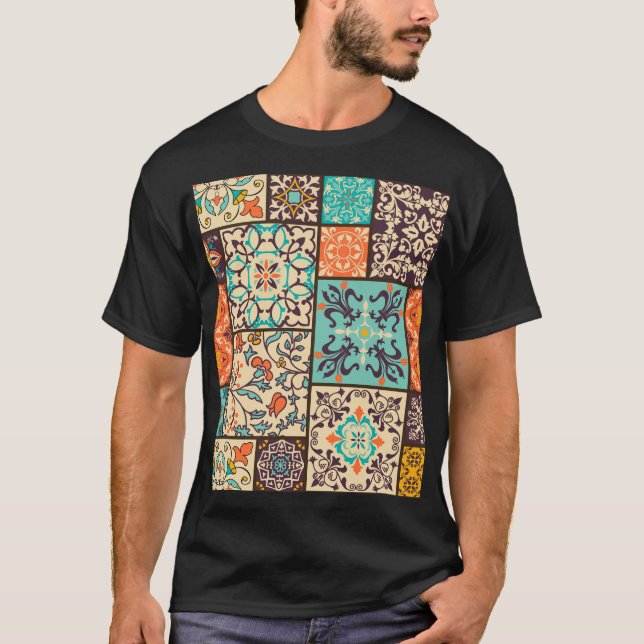 Colorful Patchwork Tile: Islamic Majolica Motifs T-Shirt (Front)