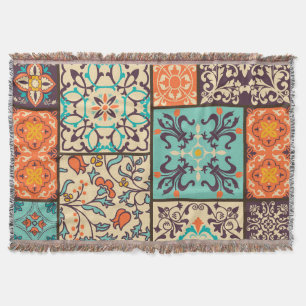 Colorful Patchwork Tile: Islamic Majolica Motifs Throw Blanket