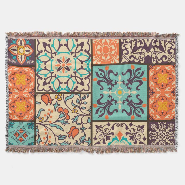 Colorful Patchwork Tile: Islamic Majolica Motifs Throw Blanket (Front)