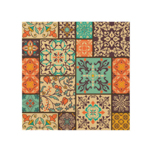 Colorful Patchwork Tile: Islamic Majolica Motifs Wood Wall Art
