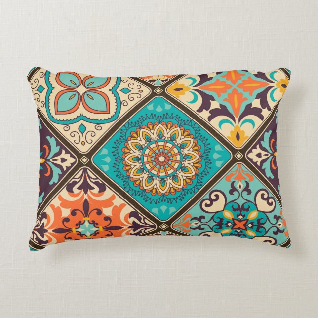 Colorful patchwork tile: Islamic motifs. Accent Pillow (Front)
