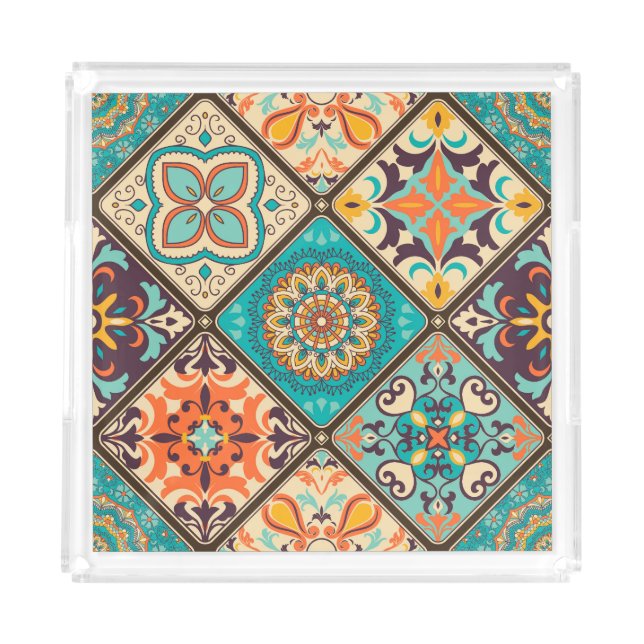 Colorful patchwork tile: Islamic motifs. Acrylic Tray (Front)