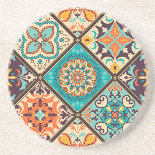 Colorful patchwork tile: Islamic motifs. Coaster (Front)