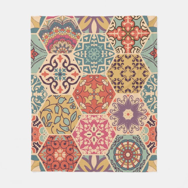 Colorful Patchwork Tile Islamic Motifs Fleece Blanket (Front)