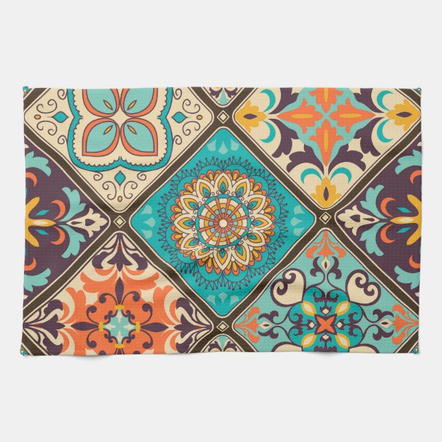 Colorful patchwork tile: Islamic motifs. Kitchen Towel (Horizontal)