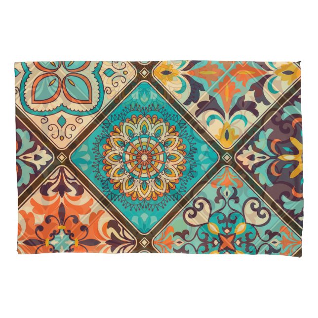 Colorful patchwork tile: Islamic motifs. Pillow Case (Front)