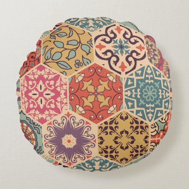 Colorful Patchwork Tile Islamic Motifs Round Pillow (Front)