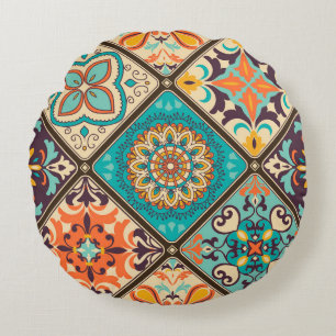 Colorful patchwork tile: Islamic motifs. Round Pillow