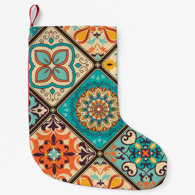 Colorful patchwork tile: Islamic motifs. Small Christmas Stocking (Front)