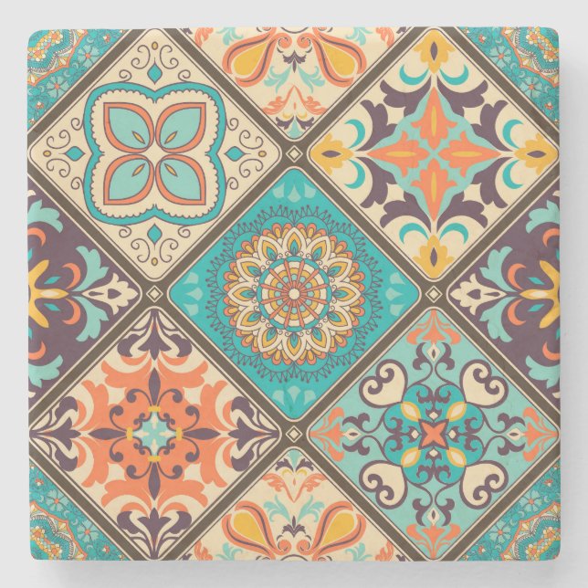 Colorful patchwork tile: Islamic motifs. Stone Coaster (Front)
